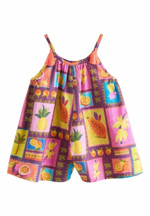 Dziecięca sukienka bez rękawów z kolorowymi wzorami owoców i różowymi frędzlami na fioletowym tle, z ananasami, papajami i pomarańczami.