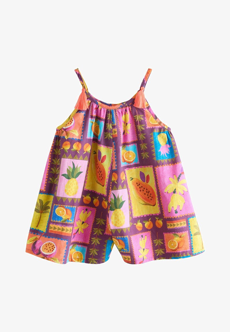 Robe sans manches pour enfants avec motifs colorés de fruits et pampilles roses sur fond violet, comprenant des ananas, des papayes et des oranges.
