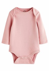 Ilgomis rankovėmis rožinis bodis, pagamintas iš švelnios medžiagos. Turi apvalų iškirpimą, su užtraukiamais mygtukais apačioje ir be raštų ar papuošimų.