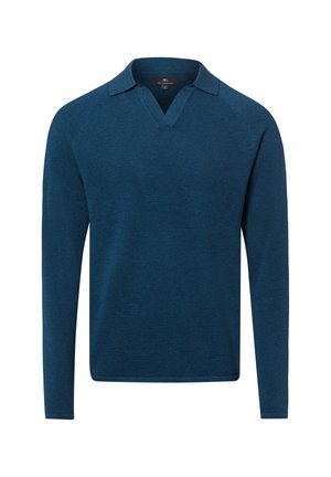 Langärmeliger dunkelpetrolfarbener Strickpullover mit offenem V-Ausschnitt und kleinem Kragen, vor weißem Hintergrund gezeigt.