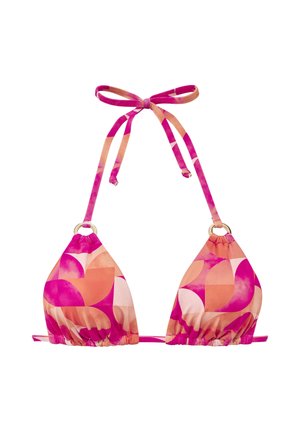 Triangle bikini top with pink, peach, and white abstract geometric pattern and halter neck tie straps on white background.