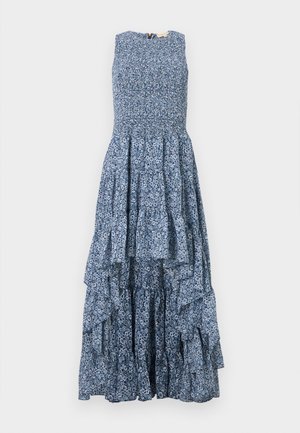 Sleeveless blue floral pattern maxi dress with tiered ruffle skirt and fitted smocked bodice, hanging against plain background.