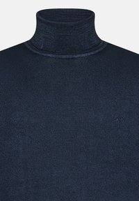 Maglione a collo alto blu navy in materiale a coste con design aderente. Presenta un logo discreto sul petto e una finitura in tessuto testurizzato.
