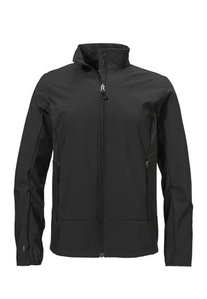 Schwarze Softshell-Jacke mit hohem Kragen, durchgehendem Frontreißverschluss und zwei Seitentaschen. Glatte Textur und tailliertes Design für hohen Tragekomfort.