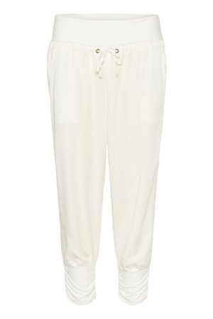 Pantalones de chándal blancos hechos de una tela suave, con cintura elástica y cordón, bolsillos laterales y puños fruncidos en los tobillos.