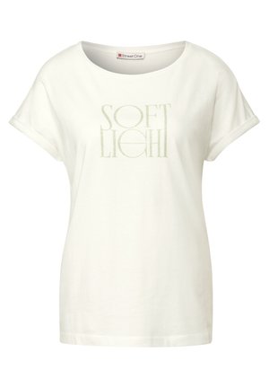 T-shirt bianca in cotone loose-fit con maniche arrotolate e la scritta "SOFT LIGHT" in verde. Texture liscia, scollatura rotonda, design casual.