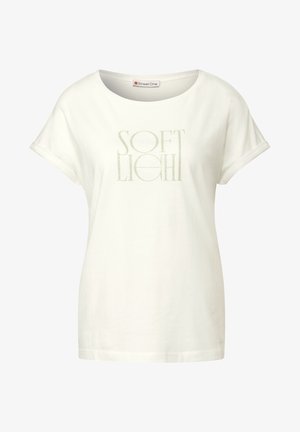 Losse witte katoenen t-shirt met oprolbare mouwen en de tekst "SOFT LIGHT" in het groen. Gladde textuur, ronde halslijn, casual ontwerp.