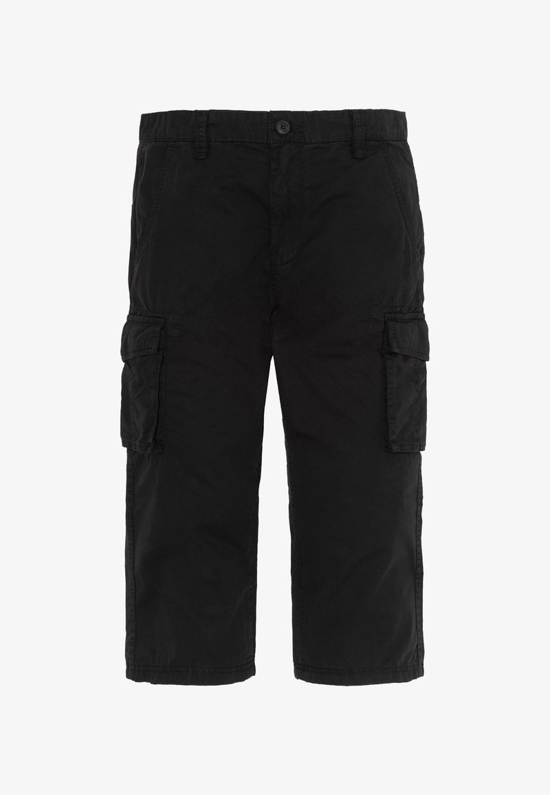 Shorts cargo noirs en coton, dotés de poches latérales, d'une fermeture à bouton et d'une coupe décontractée. Texture lisse, design arrivant au genou.