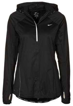 Chaqueta negra Nike Dri-Fit para correr con capucha, cremallera frontal, mangas largas con agujeros para el pulgar y detalles reflectantes.