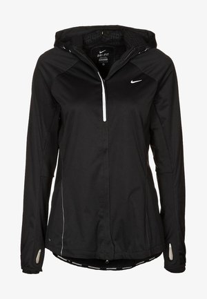 Chaqueta negra Nike Dri-Fit para correr con capucha, cremallera frontal, mangas largas con agujeros para el pulgar y detalles reflectantes.