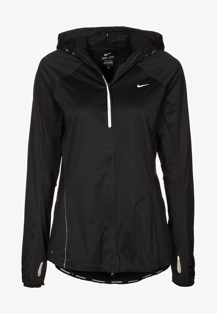 Veste de course noire Nike Dri-Fit à capuche, fermeture éclair frontale, manches longues avec trous pour le pouce et détails réfléchissants.