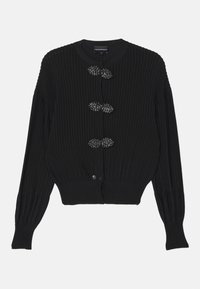 Svart ribbad stickad cardigan med rund halsringning, prydd med tre dekorativa blommiga knappar och en kortad passform med figurnära långa ärmar.