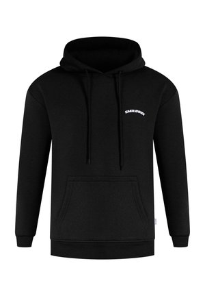 Zwarte hoodie met een vooraanstaande kangoeroezak, lange mouwen, trekkoorden en witte logotekst op de borst. Zachte stoftextuur.