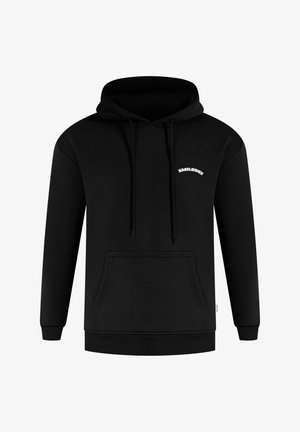 Schwarzer Kapuzenpullover mit einer vorderen Kängurutasche, langen Ärmeln, Zugbändern und weißem Logo-Text auf der Brust. Weicher Stoff.