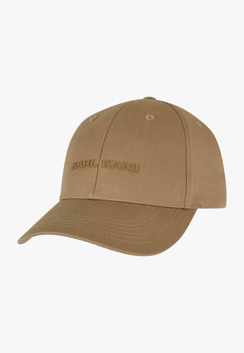Cappellino da baseball beige realizzato in tessuto con corona strutturata, caratterizzato da un logo ricamato nello stesso colore e una fascia posteriore regolabile.