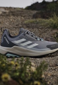 Chaussure de randonnée Adidas Terrex grise avec des rayures blanches et une étiquette "Rain Ready", placée sur un sentier extérieur rocheux.