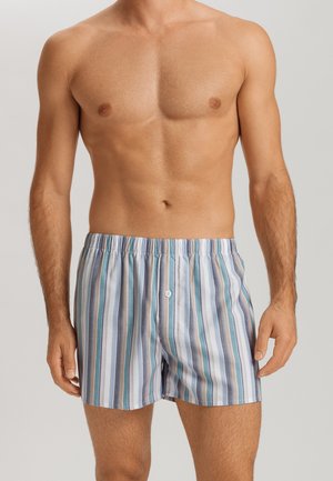 Boxer in cotone a righe con linee verticali blu, grigio e bianco, dotati di una vita elasticizzata e chiusura a bottone frontale.