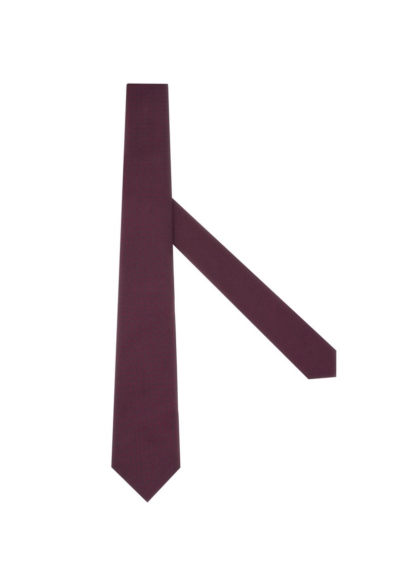 Burgundska kravata s teksturiranim vzorcem, ki se zožuje do konice. Narejena iz tkanine, ima klasičen dizajn za formalna oblačila.