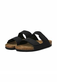 Sorte sandaler med to justerbare Velcro-stropper, korkindlægssål og gummiydersål; åben design, flad form og blød tekstur.