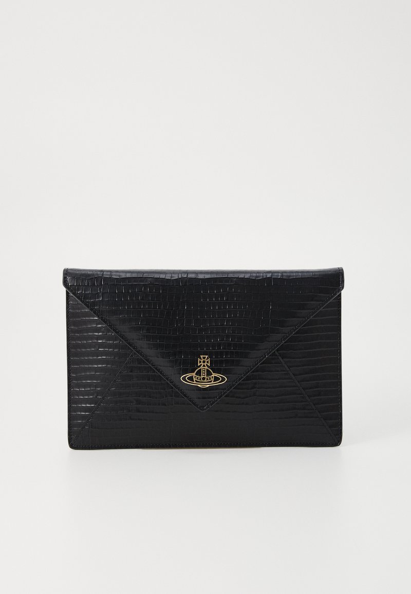 Black envelope-style clutch made of textured faux crocodile leather, featuring a gold logo accent at the center and diagonal flap closure.