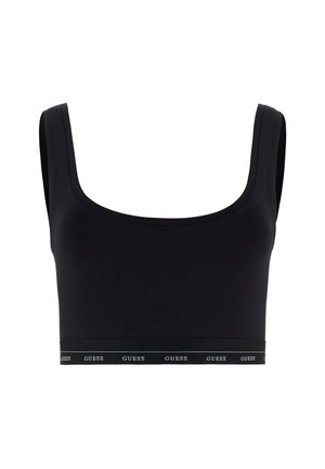 Zwart cropped tanktop van gladde stof met een brede, ronde halslijn en dikke banden. Voorzien van een contrasterende logoband rondom de onderkant.
