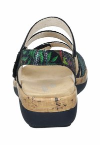 Sandaler med flere stropper, der har en struktureret overdel med bladmønster, kork-mellemsål og sort gummiydersål. Glat inderside for komfort.