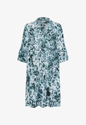 Kvetinový vzor šiat v svetlomodrých a tyrkysových odtieňoch. Široké rukávy, výstrih do písmena V, volániky na viacerých úrovniach, vyrobené z ľahkej a splývavej látky.