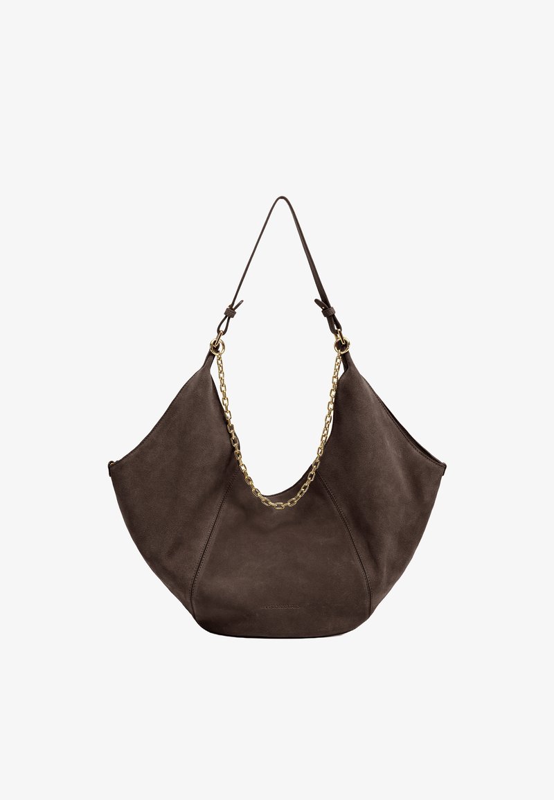 Brown suede handbag with a unique wide shape, featuring a gold chain shoulder strap and stitched detailing along the front.