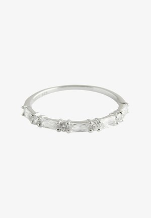 Silver ring featuring five alternating rectangular and round clear stones, a smooth band with secure prong settings, minimalistic design.