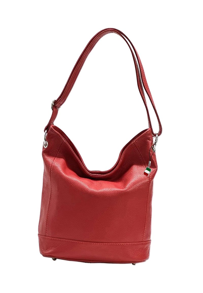 Rode leren schoudertas met een slouchy ontwerp, een gladde textuur, een afneembare strap en een klein label met de Italiaanse vlag.