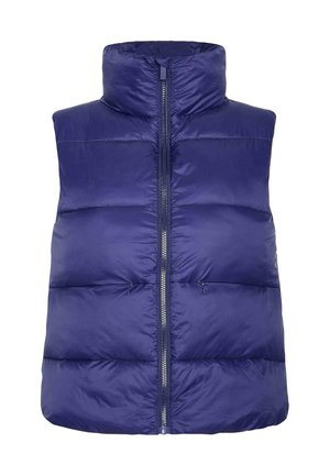 Marineblå puffer vest med høj krave, fuld frontlynlås og to lynlåslommer. Glat tekstur med quiltet design og letvægtsisolering.