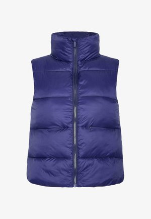 Marineblauwe gewatteerde vest met hoge kraag, volledige ritssluiting en twee ritszakken. Glad oppervlak met een geweven patroon en lichte isolatie.