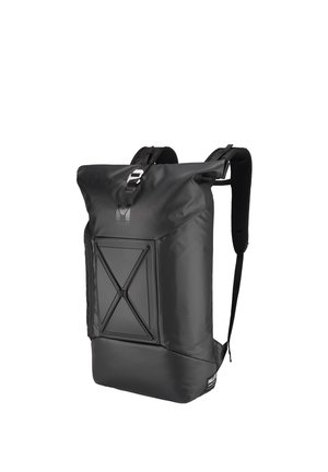Black roll-top backpack with padded shoulder straps, a front panel with crisscross elastic cords, and a metal clip closure.