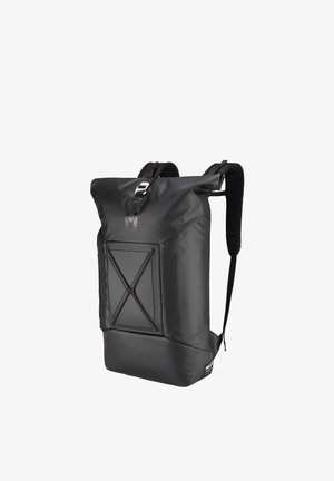 Black roll-top backpack with padded shoulder straps, a front panel with crisscross elastic cords, and a metal clip closure.