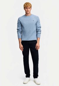 Jersey de punto de cable azul claro con cuello redondo y puños acanalados, combinado con pantalones oscuros y zapatillas blancas. Diseño sencillo, sin detalles destacables.