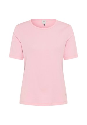 T-shirt rosa chiaro a maniche corte a coste con scollo rotondo e piccola etichetta del marchio sulla scollatura, mostrata su sfondo bianco.