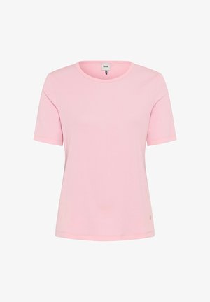 Hellrosa kurzärmeliges, geripptes T-Shirt mit rundem Ausschnitt und kleinem Markenschild am Ausschnitt, auf weißem Hintergrund dargestellt.