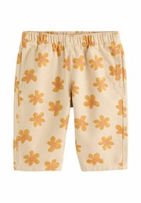 Helle beige Shorts mit elastischem Bund, featuring ein sich wiederholendes Muster aus gelben und rosa Blumen. Glatte Baumwolltextur, lässiges Design.