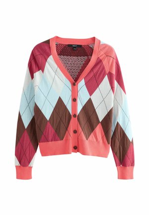 Karomuster-Cardigan in Rot, Braun und Blau, mit V-Ausschnitt, Knopfleiste und gerippten Bündchen und Saum in Koralle.