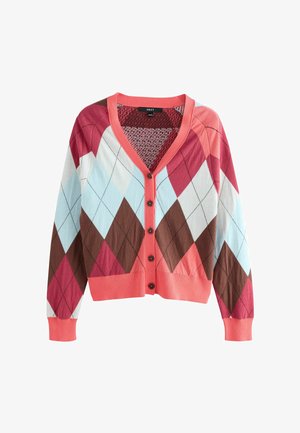 Cardigan con motivo argyle in rosso, marrone e blu, dotato di scollo a V, chiusura con bottoni e polsini e orlo a coste in corallo.