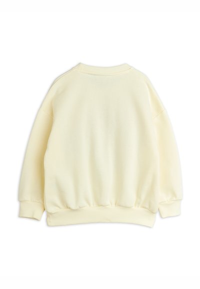 Sweatshirt amarelo claro com gola redonda, punhos e bainha canelados. Feito de um tecido suave com uma textura lisa, apresenta um corte solto e ombros caídos.