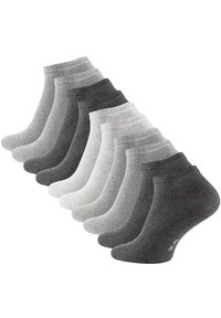 Dieci paia di calzini corti in diverse tonalità di grigio, con un polsino a coste e una texture liscia, disposti in un motivo a gradiente.