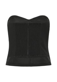 Sort strapless top med et smocked frontpanel, lynlås bagpå, og et glat stof med subtil glans og struktureret design.