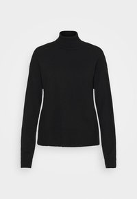 Pull noir à col roulé en tissu doux, avec manches longues, un col ajusté et une coupe droite à l'ourlet. Sans motifs ni accents.