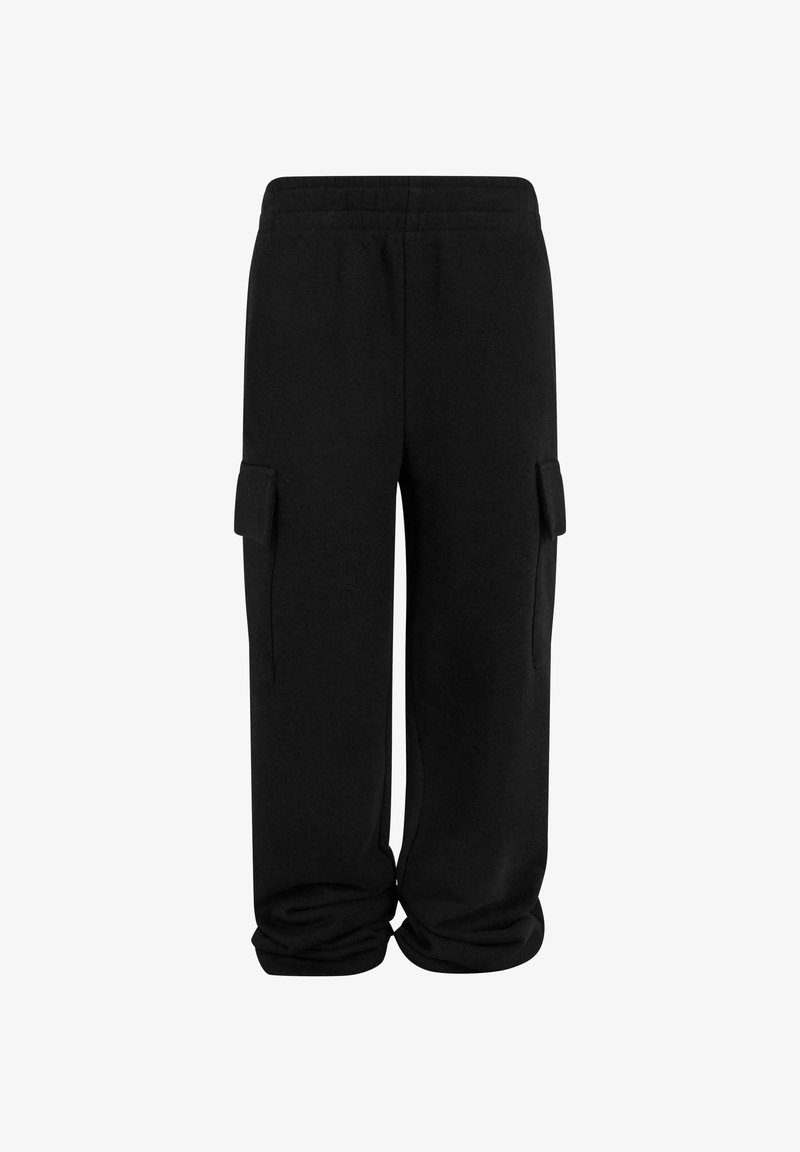 Črne cargo hlače iz mehkega materiala, z bočnimi žepi in oblikovanim zapenjanjem na dnu. Pas je elastičen za udobje.