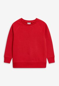 Sweatshirt rouge uni à manches longues avec col rond, poignets et ourlet côtelés, posé à plat sur un fond blanc.