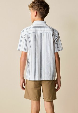 Poiss seisab tagapool, kandes lühikeste varrukatega valget triiksärki vertikaalsete hallide triipudega ja helepruune lühikesi pükse, taust on lihtne.