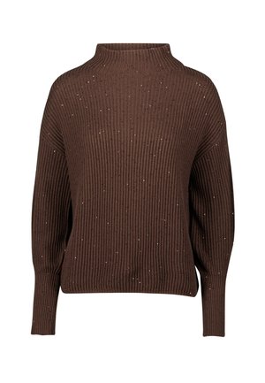 Bruine geribde trui met een hoge hals, lange mouwen en verspreide metallic accenten voor extra textuur. Zachte gebreide stof.