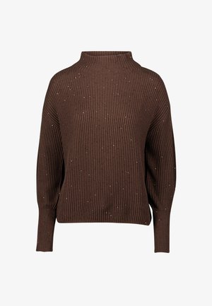 Bruine geribde trui met een hoge hals, lange mouwen en verspreide metallic accenten voor extra textuur. Zachte gebreide stof.