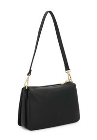 Borsa a spalla in pelle nera con superficie texturizzata, hardware dorato, chiusura zip e una singola tracolla regolabile. Forma rettangolare.
